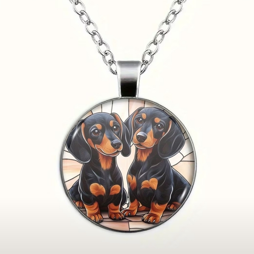 925 Sterling Silver Dachshund Puppies‎ Stained Glass Pendant Adjustable Necklace